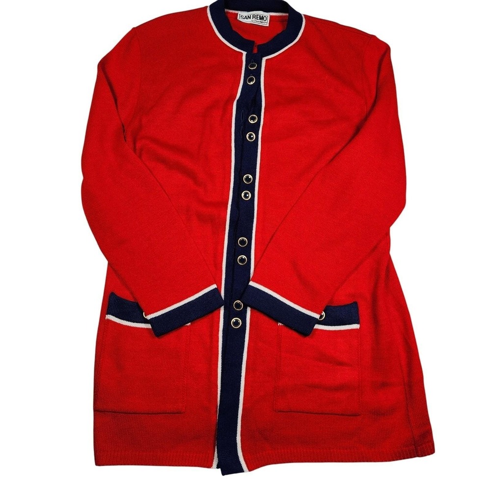 Vintage SAN REMO Red and Navy Long Cardigan 80s Style‎ Preppy Red & Navy XL